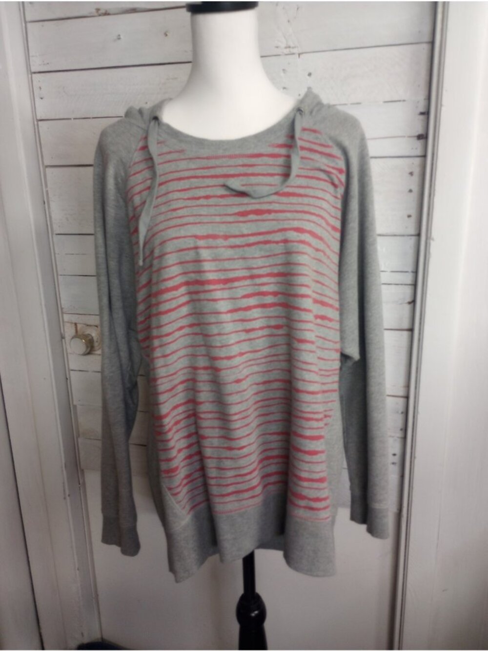 DKNY Jeans Gray Pink Striped Hoodie Top Women’s XL Lightweight Long Sleeve